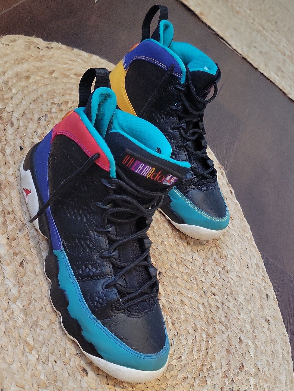 Jordan Kids Black High-Top Sneakers with Teal, Purple, Pink & Yellow Accents